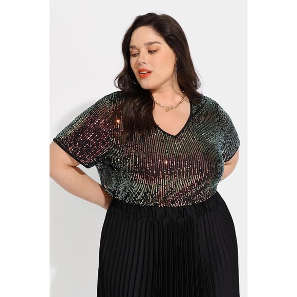 Plus Size Sequin Top Women Short Sleeve Party Blouse Sparkle V Neck - Picture 5 of 7